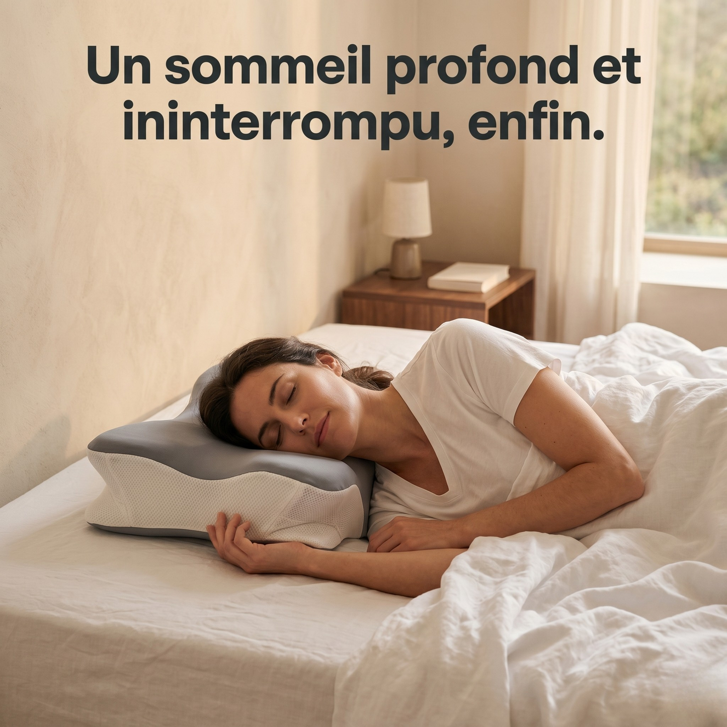 Femme dormant profondément et paisiblement sur un oreiller ergonomique rafraîchissant à mémoire de forme
