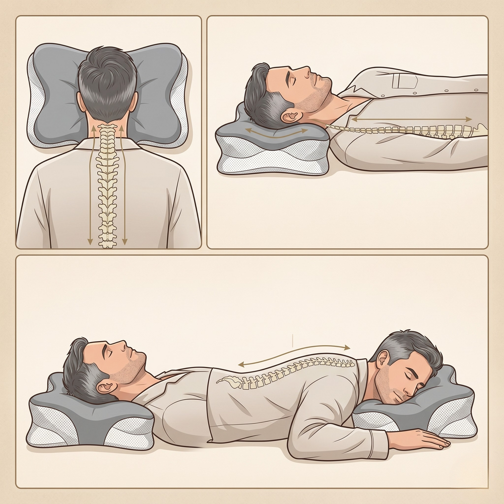 Trois positions de sommeil avec alignement cervical parfait sur oreiller ergonomique rafraîchissant soie glacée