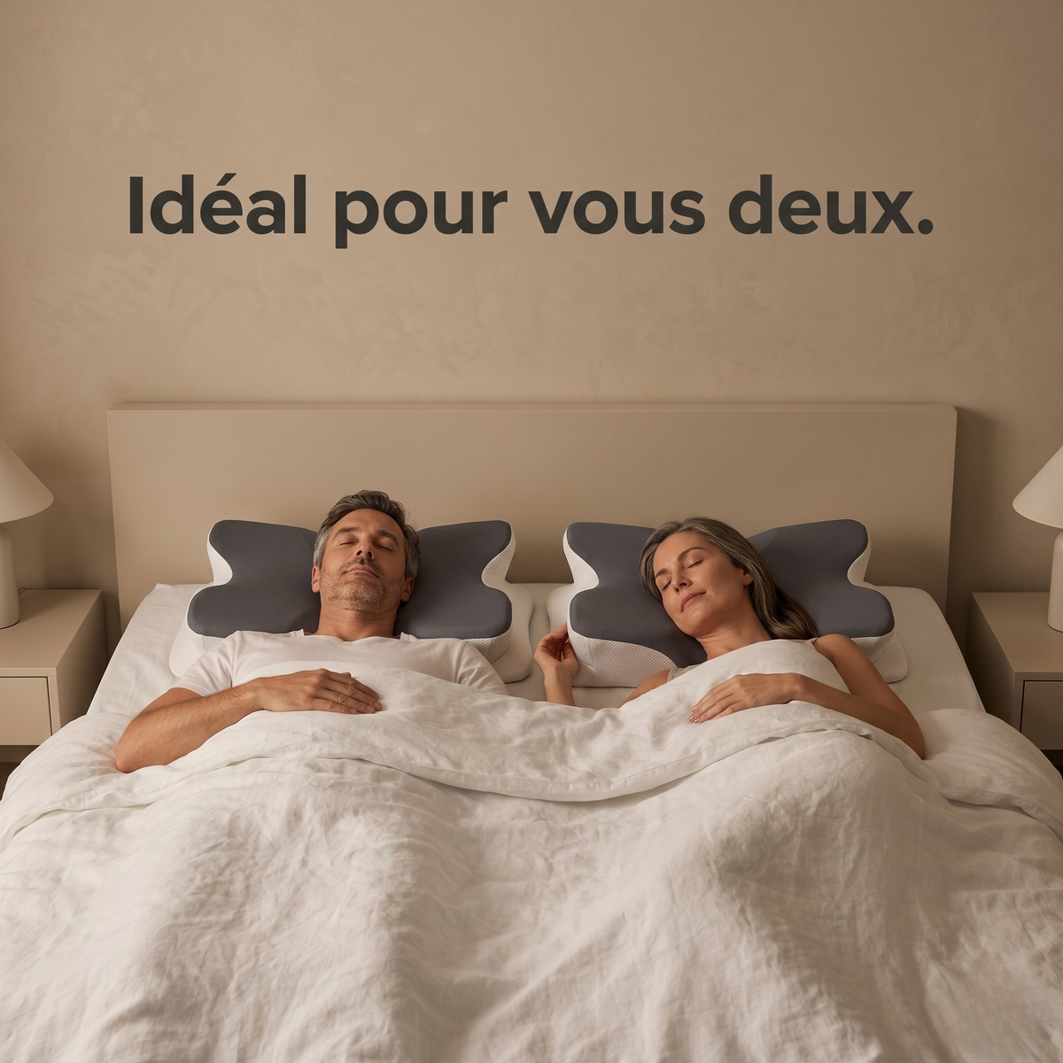 Couple dormant paisiblement ensemble sur des oreillers ergonomiques rafraîchissants Sommeil Idéal