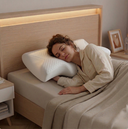 Femme dormant sur le côté avec un oreiller ergonomique offrant un bon soutien de la nuque pour un sommeil plus confortable