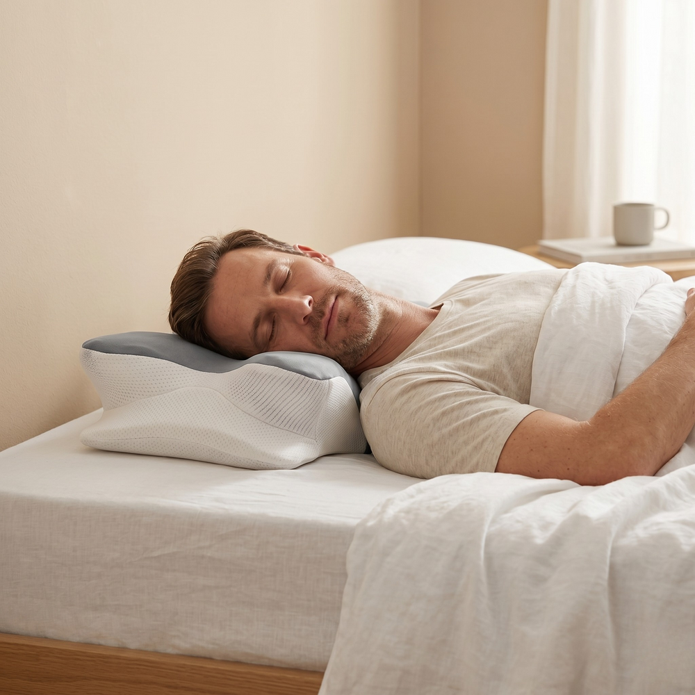 Homme dormant profondément sur oreiller ergonomique rafraîchissant soie glacée sans raideurs