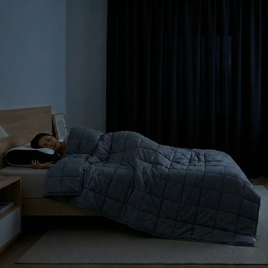 Pack Sérénité sommeil avec oreiller ergonomique, couverture lestée et rideaux occultants, installé dans une chambre sombre et apaisante