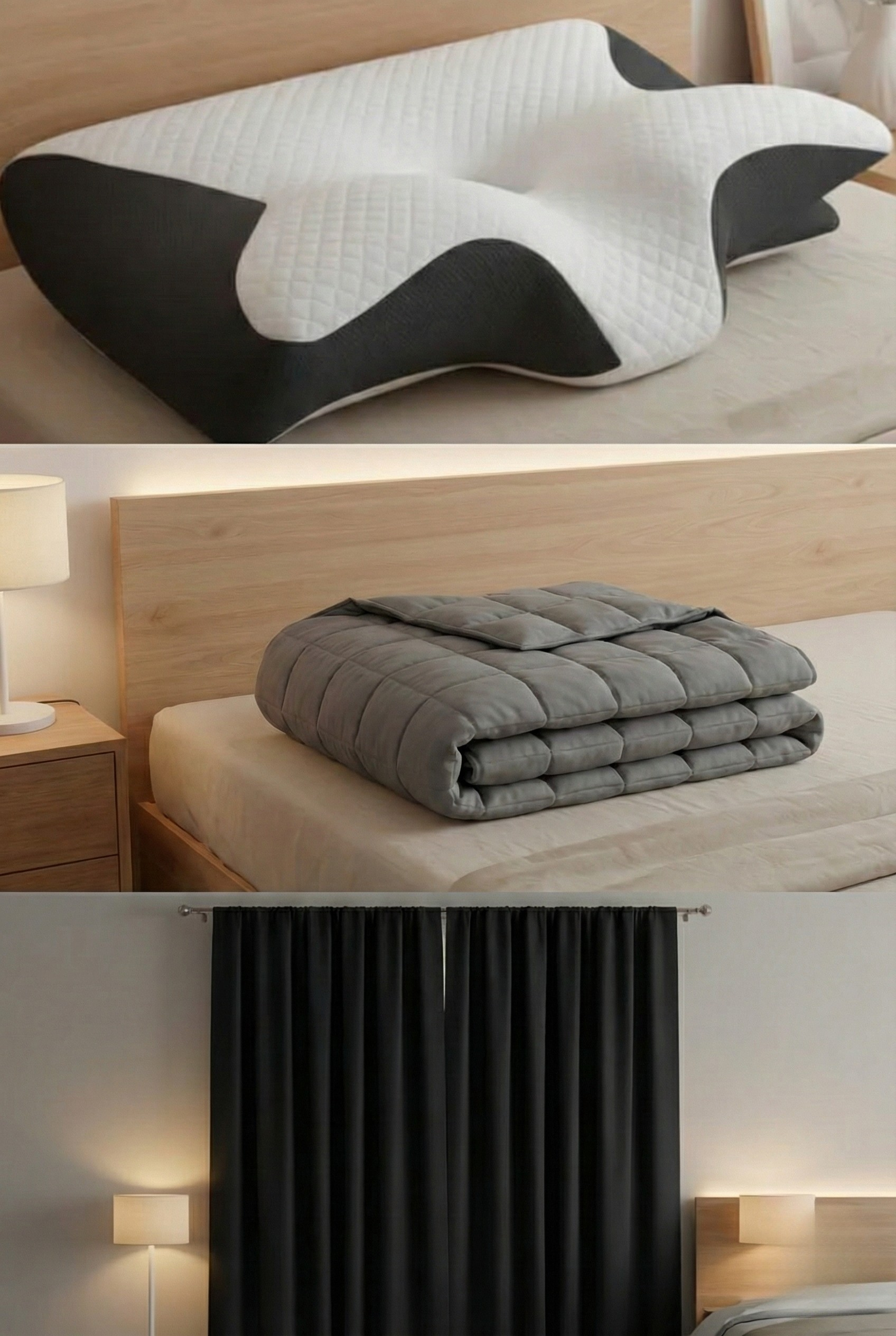 Pack Sérénité sommeil avec oreiller ergonomique, couverture lestée et rideaux occultants présentés dans une chambre apaisante