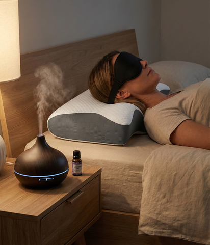 Pack sommeil Apaisement avec oreiller ergonomique, masque de sommeil et diffuseur d’huiles essentielles dans une ambiance de repos apaisante