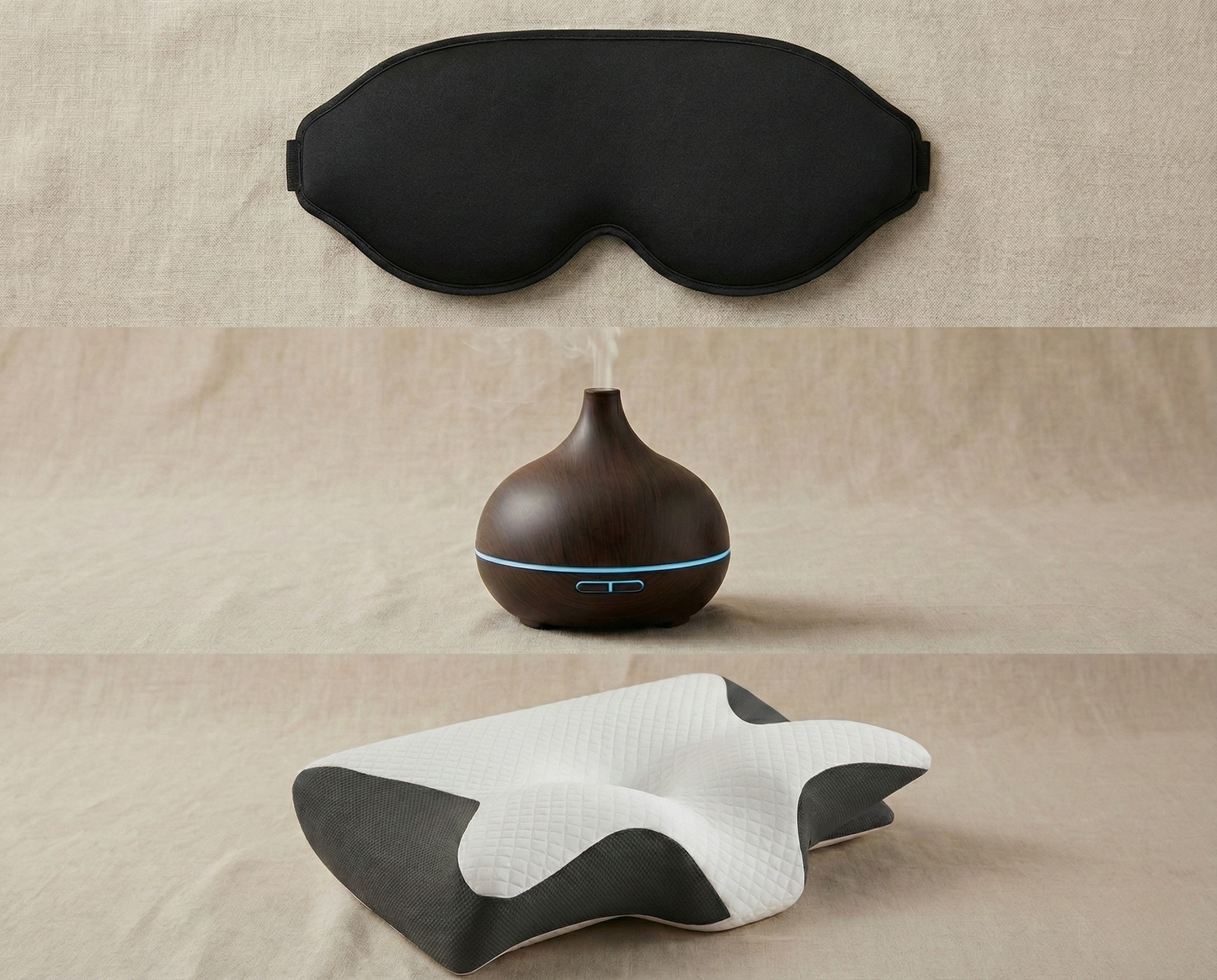 Contenu du pack sommeil Apaisement comprenant un oreiller ergonomique, un masque de sommeil et un diffuseur d’huiles essentielles