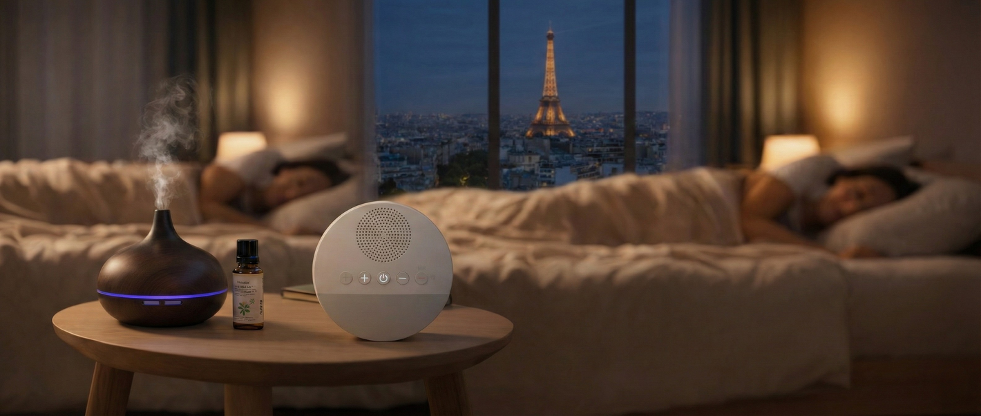 Ambiance de sommeil avec diffuseur d’huiles essentielles et machine à bruit blanc, créant un environnement sonore et olfactif continu dans une chambre apaisante.