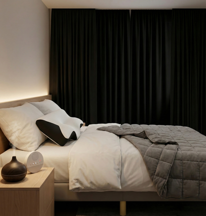 Chambre préparée pour le repos avec rideaux occultants fermés, oreiller ergonomique, couverture lestée et dispositifs sensoriels intégrés dans un environnement calme et maîtrisé.