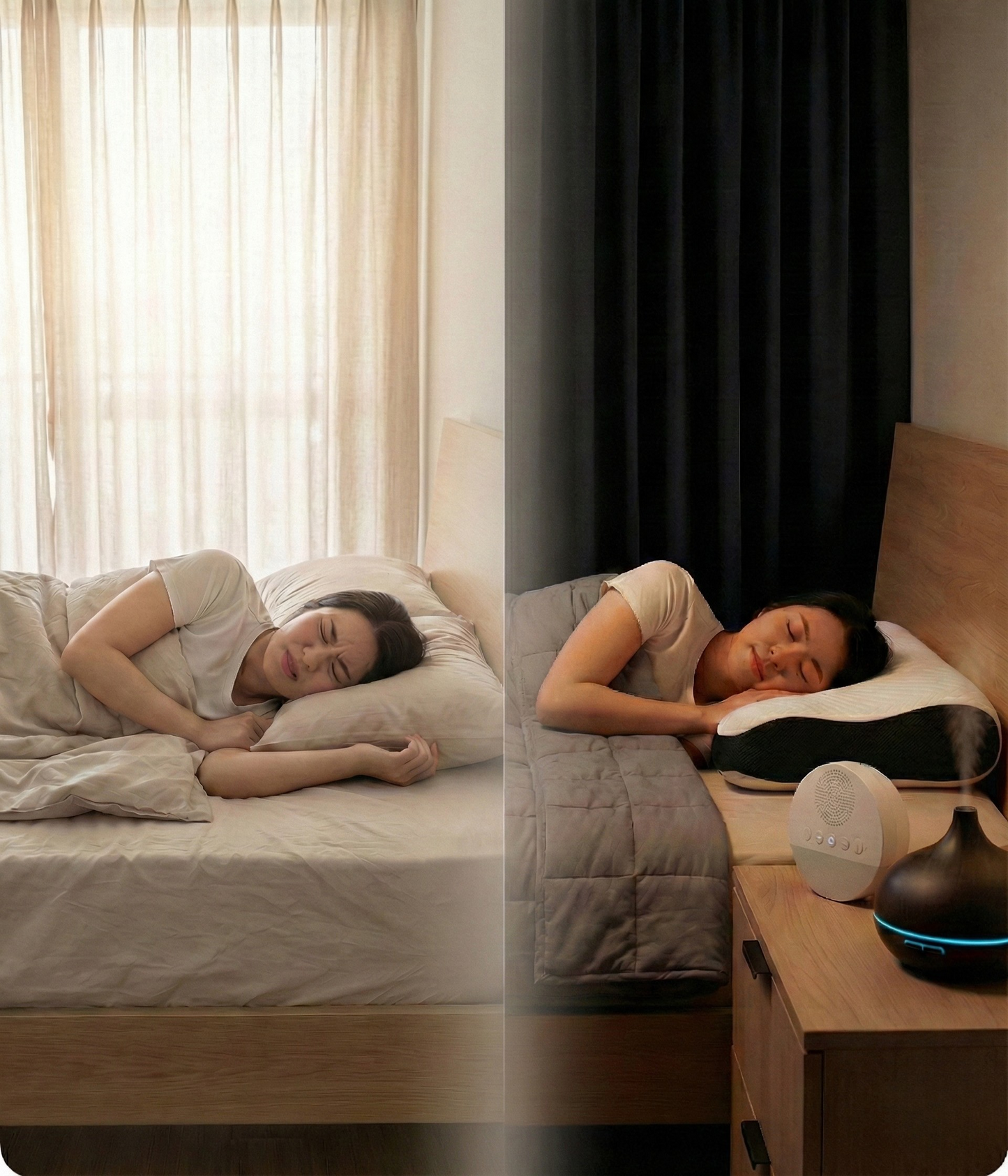 Comparaison avant et après du Pack Ultime : à gauche, une personne gênée par la lumière dans une chambre non adaptée au repos ; à droite, un environnement plus enveloppant avec oreiller ergonomique, couverture lestée, diffuseur et bruit blanc, favorisant une sensation de calme et de relâchement.
