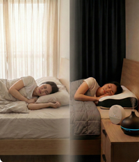 Comparaison avant et après du Pack Ultime : à gauche, une personne gênée par la lumière dans une chambre non adaptée au repos ; à droite, un environnement plus enveloppant avec oreiller ergonomique, couverture lestée, diffuseur et bruit blanc, favorisant une sensation de calme et de relâchement.