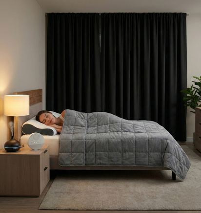 Personne dans une chambre apaisée avec les éléments du Pack Ultime intégrés dans l’environnement du repos.