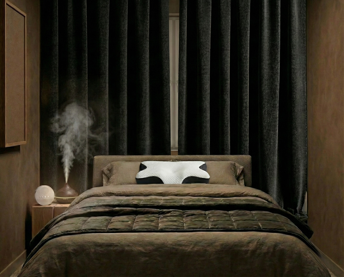 Pack ultime sommeil avec rideaux occultants thermiques, couverture lestée, oreiller cervical ergonomique, machine à bruit blanc et diffuseur d’huiles essentielles pour créer un environnement de repos complet et apaisant.
