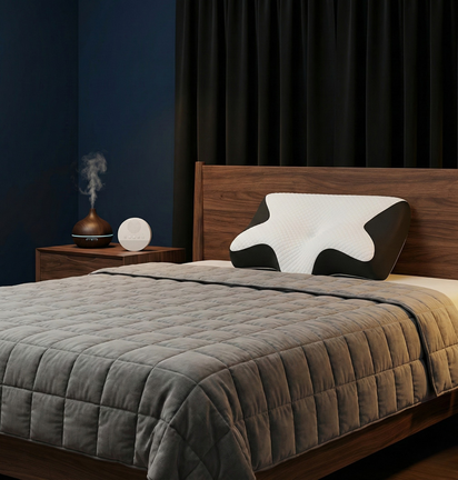 Chambre aménagée avec le Pack Ultime : rideaux occultants, couverture lestée, oreiller ergonomique, diffuseur d’huiles essentielles et machine à bruit blanc dans une ambiance sombre et apaisante.