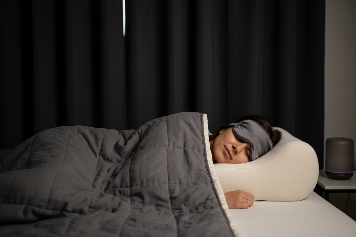 Personne dormant avec un masque de sommeil et des rideaux occultant sur un oreiller ergonomique avec une couverture lestée 