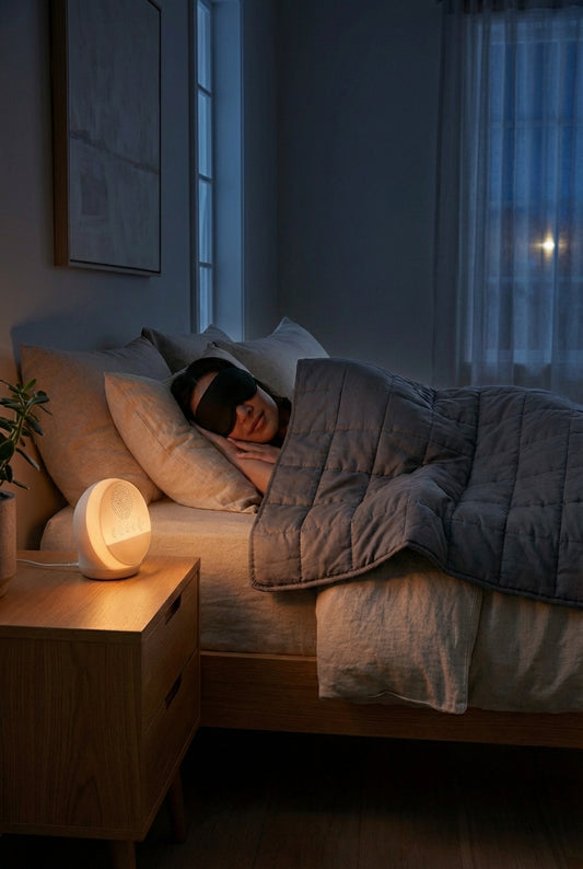 Ambiance de chambre avec éclairage doux et personne au repos