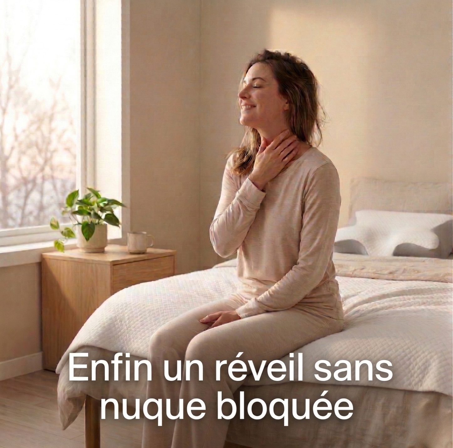 Femme soulagée au réveil, assise sur son lit, sans douleur cervicale grâce à l'oreiller ergonomique