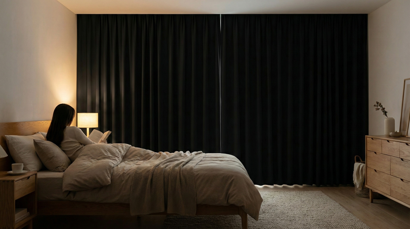 Rideaux occultants thermiques installés dans une chambre tamisée, créant une ambiance calme et propice au sommeil