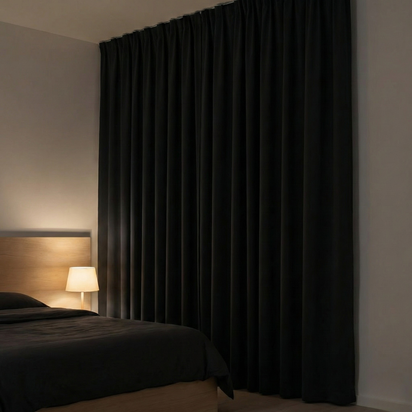 Rideaux occultants thermiques fermés dans une chambre, créant une ambiance tamisée favorable au sommeil