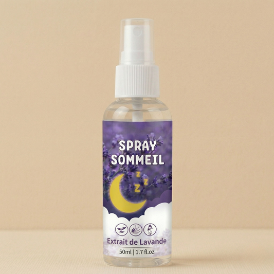 Photo de produit d'une bouteille de spray claire de 'SPRAY SOMMEIL' posée sur un fond pêche clair. L'étiquette violette et blanche comporte le texte principal 'SPRAY SOMMEIL' en grand et en blanc au-dessus d'une illustration de fleurs de lavande et d'un croissant de lune avec des symboles de sommeil 'zzz'. Le bas de l'étiquette en noir indique 'Extrait de Lavande' et '50ml | 1.7 fl.oz'.